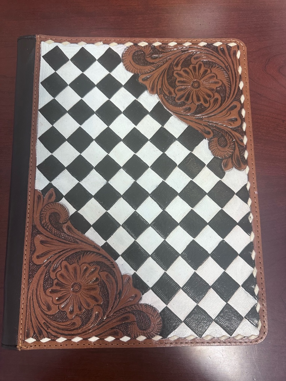 Handcrafted Brown & Black Checkered Leather Journal Cover
